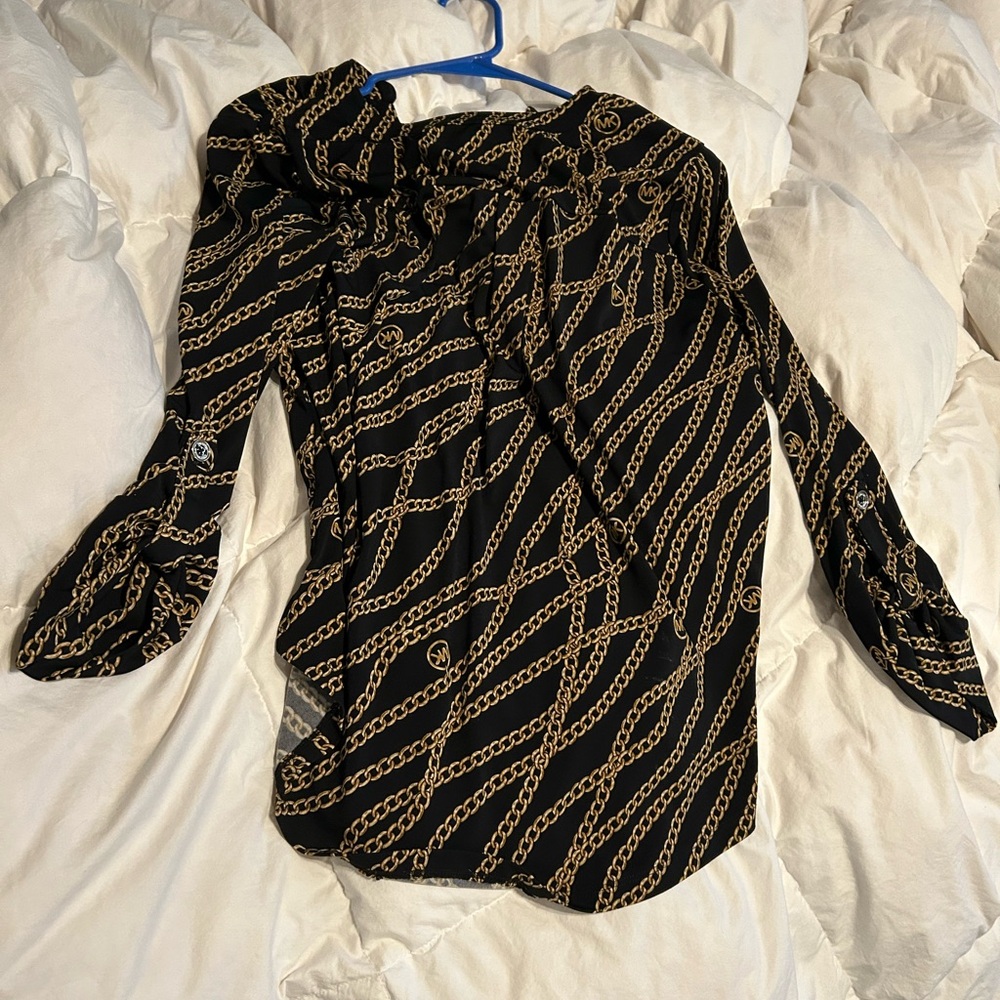 Michael Kors Black and Tan Chain Design 3/4 sleeve Blouse